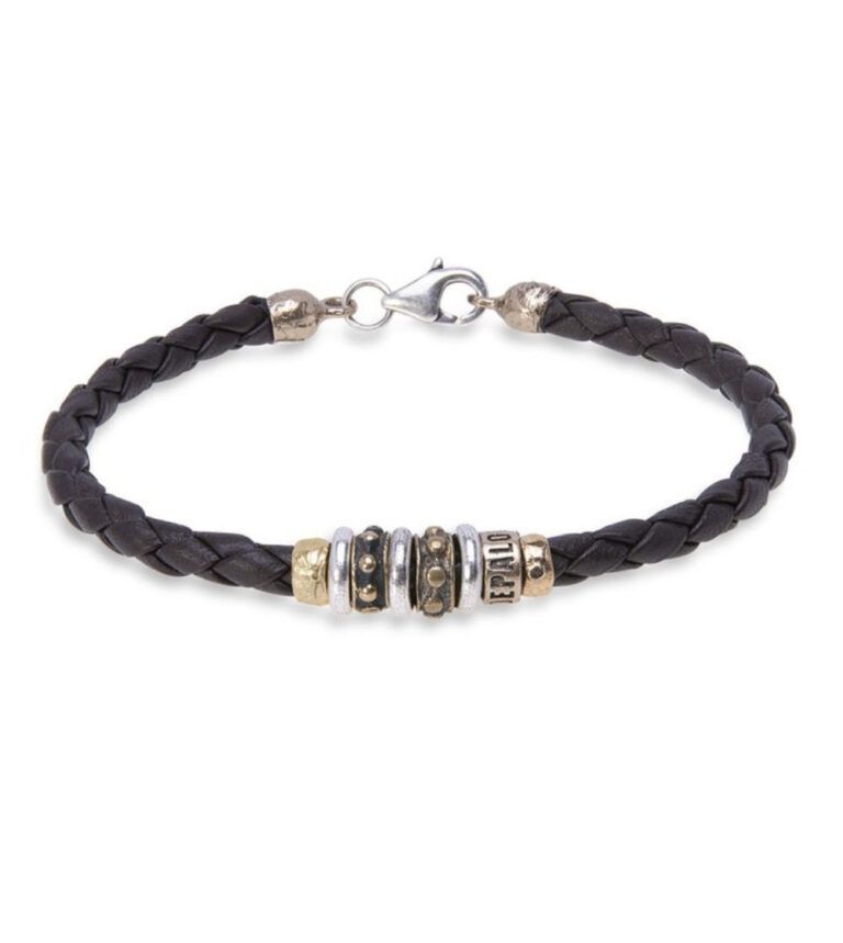 Pulsera PLATADEPALO cuero marrón y entrepiezas