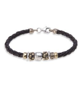 Pulsera PLATADEPALO cuero marrón y piezas de bronce y plata