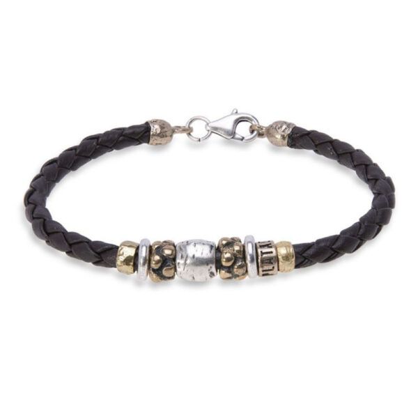 Pulsera PLATADEPALO cuero marrón y piezas de bronce y plata