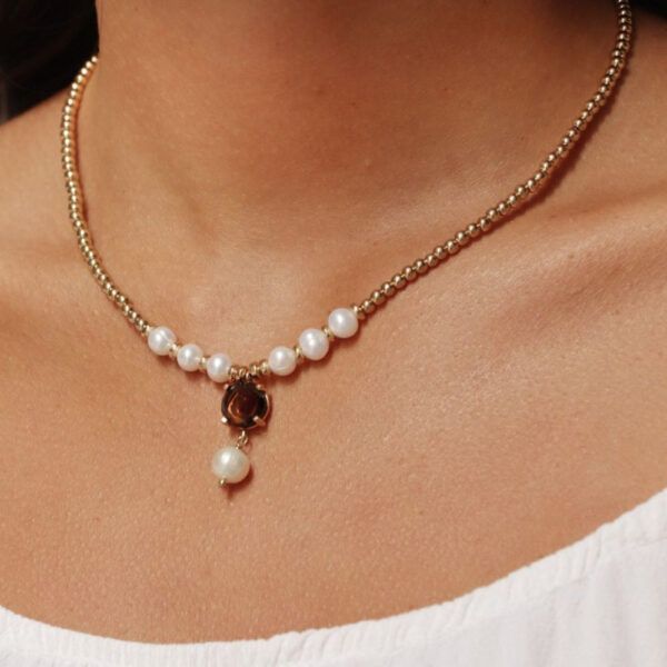 Collar PLATADEPALO perlas y hematíes dorados y cuarzo fumé