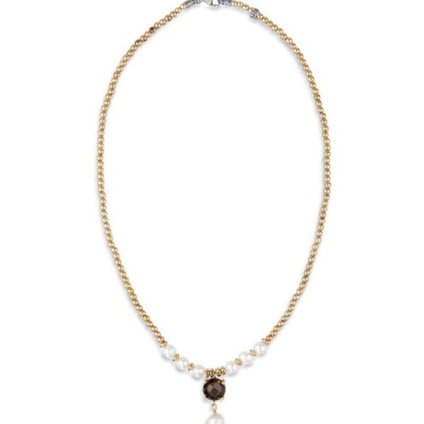 Collar PLATADEPALO perlas y hematíes dorados y cuarzo fumé