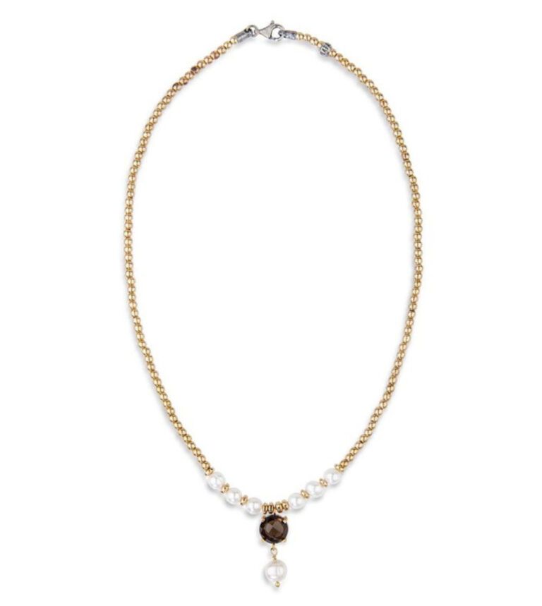 Collar PLATADEPALO perlas y hematíes dorados y cuarzo fumé