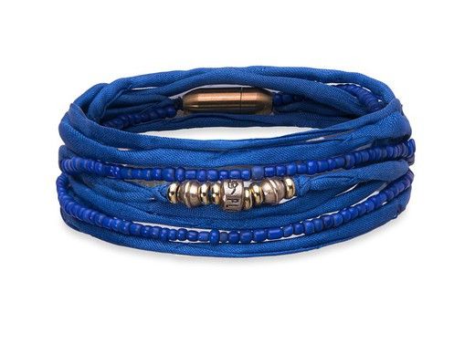 PULSERA PLATADEPALO SUMMER CORDÓN SEDA Y BOLAS AZUL INTENSO