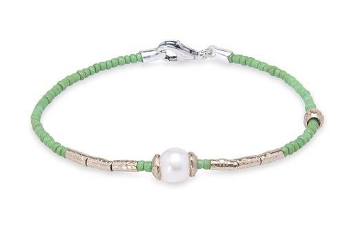 PULSERA PLATADEPALO SUMMER PERLAS Y BOLAS VERDES