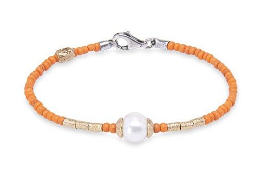 PULSERA PLATADEPALO SUMMER PERLAS Y BOLAS NARANJAS