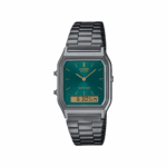 CASIO ANALÓGICO DIGITAL Rectangular acero gris esfera verde